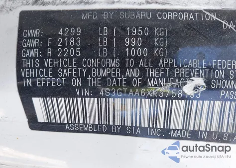 2019 Subaru Impreza 2.0I z USA, uszkodzony, nr VIN 4S3GTAA6XK3758153